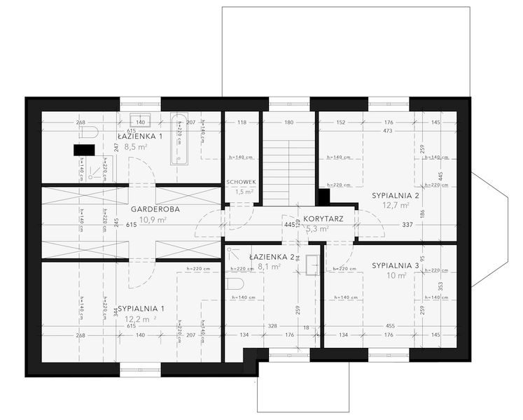 Projekt domu Rodzinny Klasyczny 183 - rzut poddasza, dom liczy 4 pokoje, 3 łazienki i wc