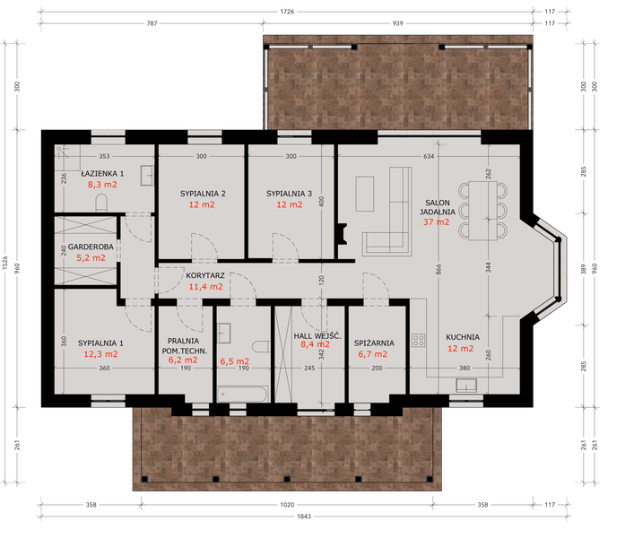 Projekt domu Parterowy Klasyczny 138 - rzut parteru, dom liczy 3 pokoje, 2 łazienki i wc