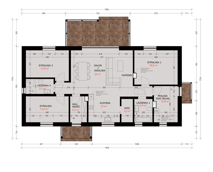 Projekt domu Uroczy Komfort 130 - rzut parteru, dom liczy 3 pokoje, 2 łazienki i wc