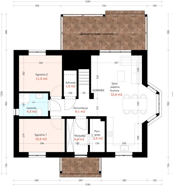 Projekt domu Uroczy Klasyczny+ 115 - rzut parteru, dom liczy 4 pokoje, 2 łazienki i wc