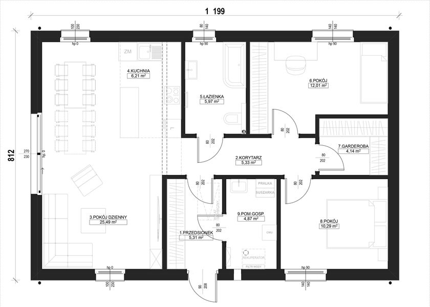 Parter projektu Dom prefabrykowany Parterowy 80B