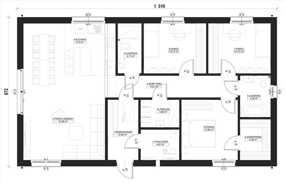 Parter projektu Dom prefabrykowany Parterowy 110B