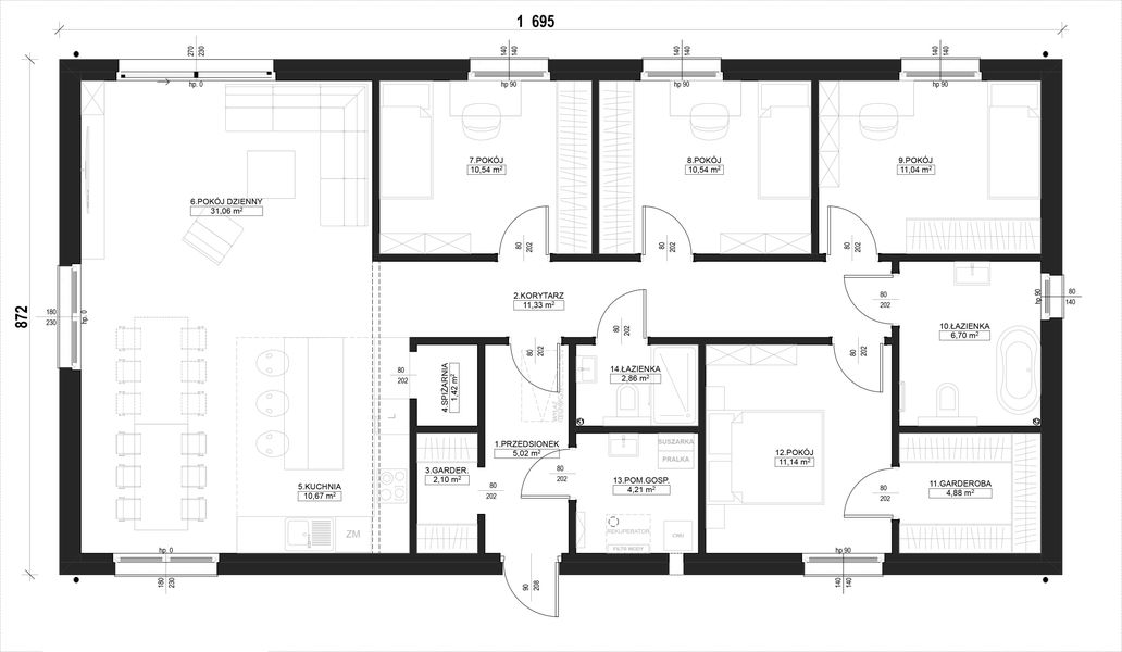 Parter projektu Dom prefabrykowany Parterowy 120B