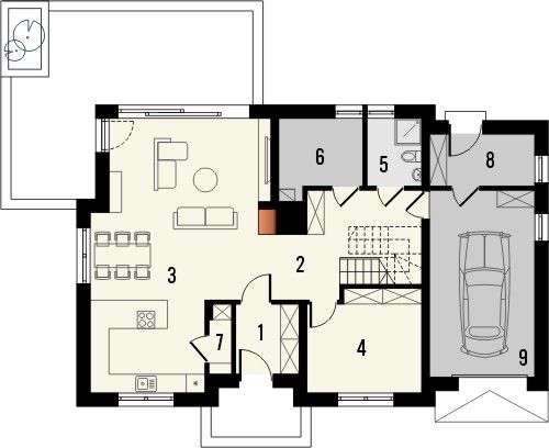 Projekt domu Krajobrazy 144 - rzut parteru, dom liczy 4 pokoje, 2 łazienki i wc