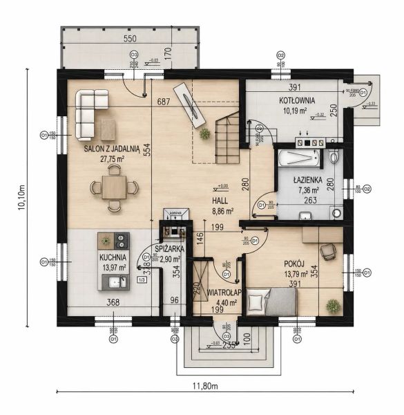 Projekt domu Planujdom 001 - rzut parteru, dom liczy 4 pokoje, 2 łazienki i wc
