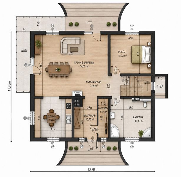 Projekt domu Planujdom 003 - rzut parteru, dom liczy 6 pokoje, 2 łazienki i wc