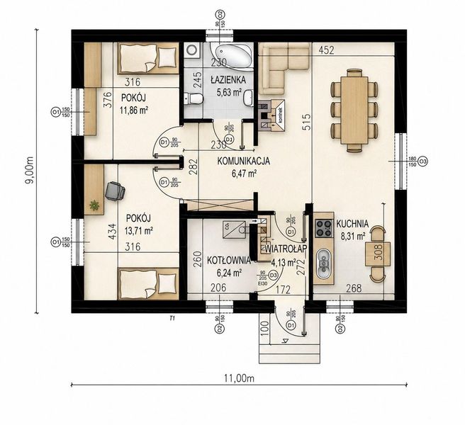 Projekt domu Planujdom 006 - rzut parteru, dom liczy 2 pokoje, 1 łazienki i wc