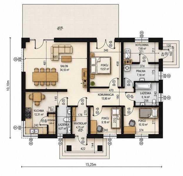 Projekt domu Planujdom 010 - rzut parteru, dom liczy 3 pokoje, 2 łazienki i wc