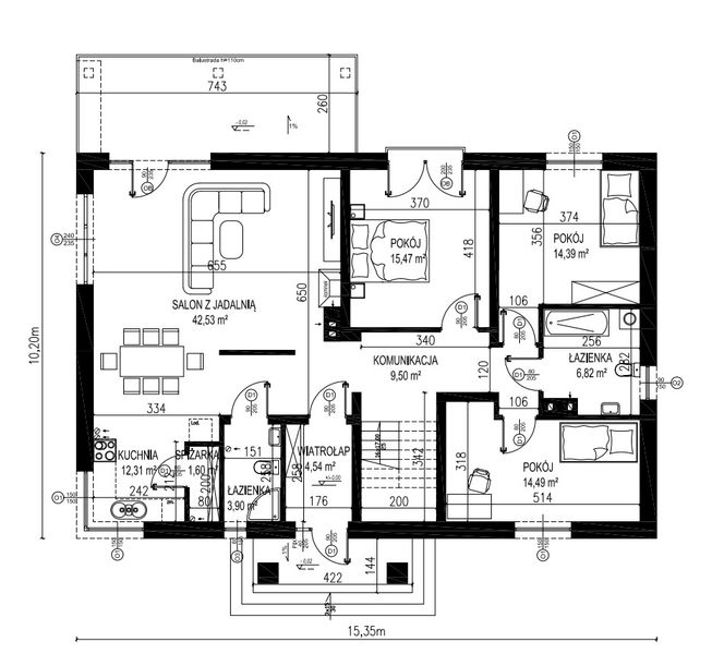 Projekt domu Planujdom 010 ver2 - rzut parteru, dom liczy 3 pokoje, 2 łazienki i wc