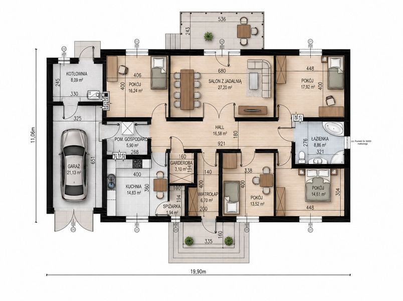 Projekt domu Planujdom 011 - rzut parteru, dom liczy 4 pokoje, 1 łazienki i wc