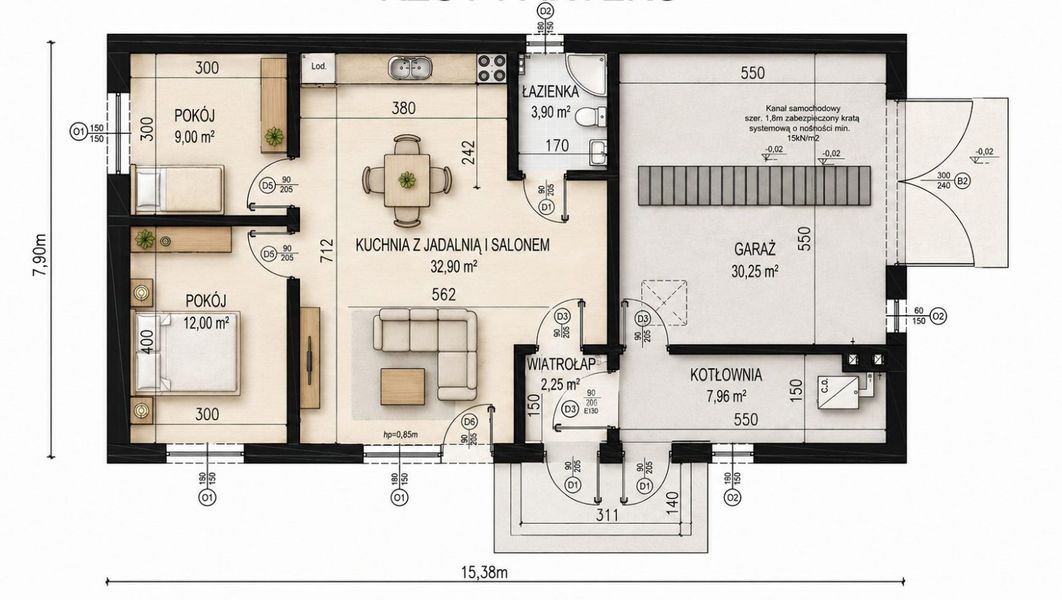 Projekt domu Planujdom 016 - rzut parteru, dom liczy 2 pokoje, 1 łazienki i wc