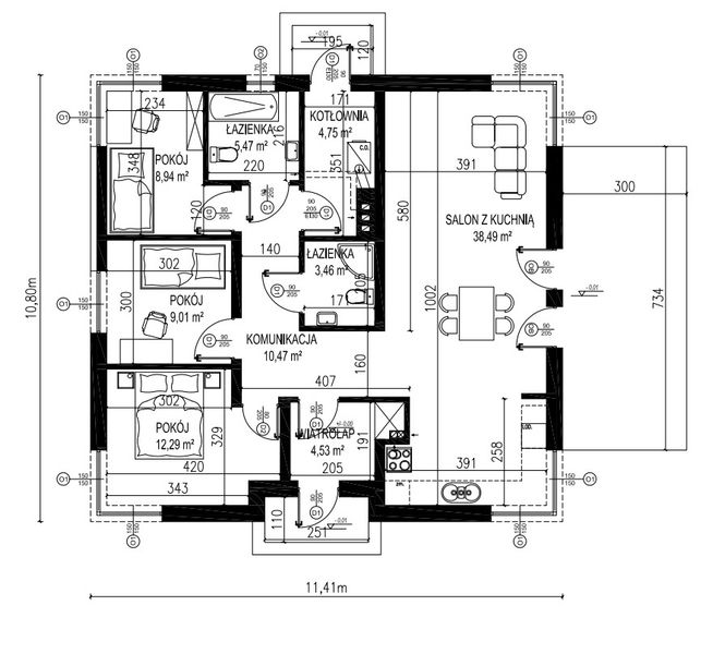 Projekt domu Panujdom 018 - rzut parteru, dom liczy 3 pokoje, 1 łazienki i wc