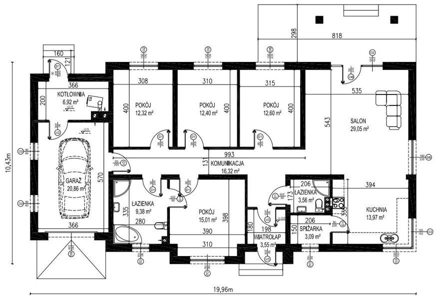 Projekt domu Planujdom 032 - rzut parteru, dom liczy 4 pokoje, 2 łazienki i wc