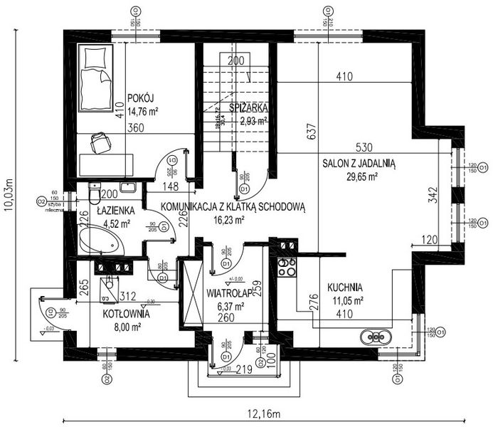 Projekt domu Planujdom 033 - rzut parteru, dom liczy 4 pokoje, 2 łazienki i wc