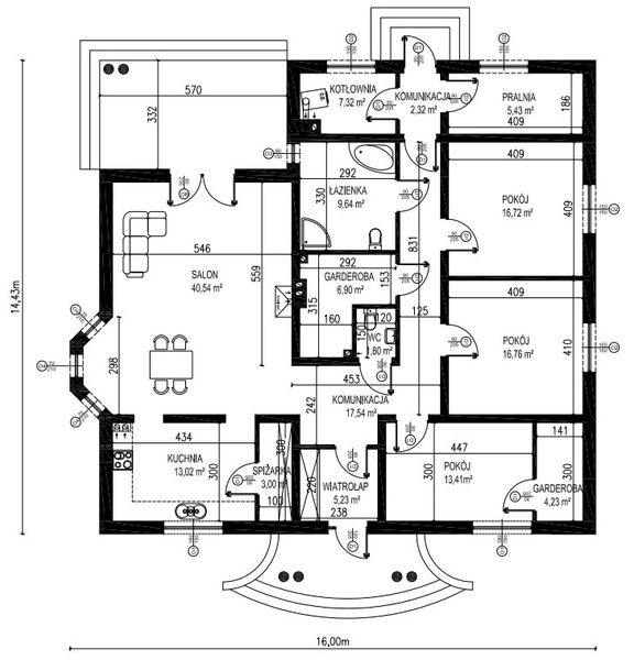 Projekt domu Planujdom 035 - rzut parteru, dom liczy 3 pokoje, 2 łazienki i wc