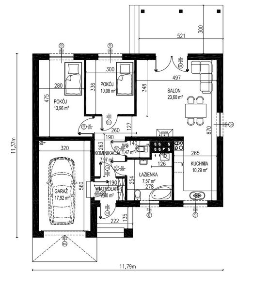 Projekt domu Planujdom 036 - rzut parteru, dom liczy 2 pokoje, 2 łazienki i wc