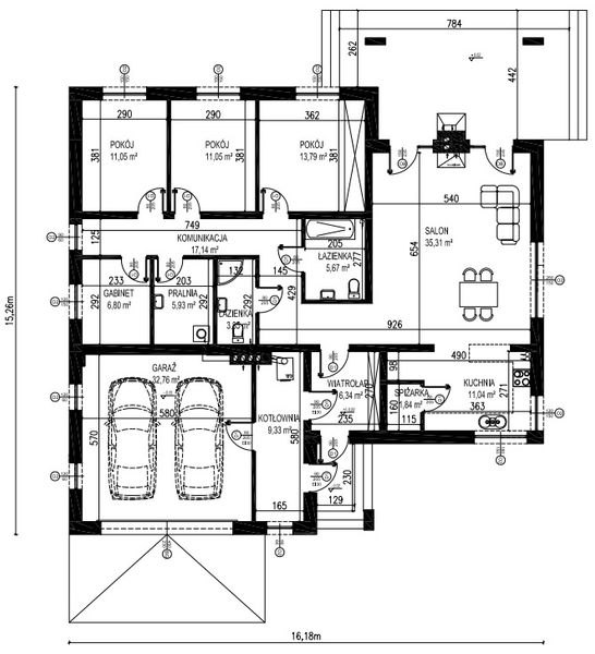 Projekt domu Planujdom 039 - rzut parteru, dom liczy 4 pokoje, 2 łazienki i wc
