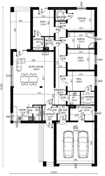 Projekt domu Planujdom 040 - rzut parteru, dom liczy 4 pokoje, 2 łazienki i wc