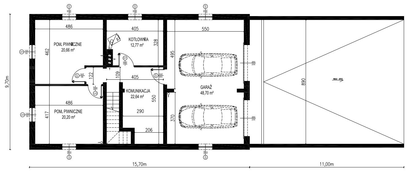 Projekt domu Planujdom 044 - rzut piwnicy, dom liczy 3 pokoje, 2 łazienki i wc