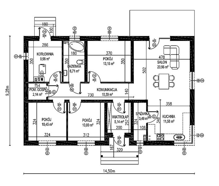 Projekt domu Planujdom 045 - rzut parteru, dom liczy 3 pokoje, 1 łazienki i wc