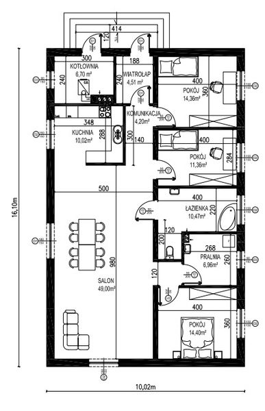 Projekt domu Planujdom 050 - rzut parteru, dom liczy 3 pokoje, 1 łazienki i wc