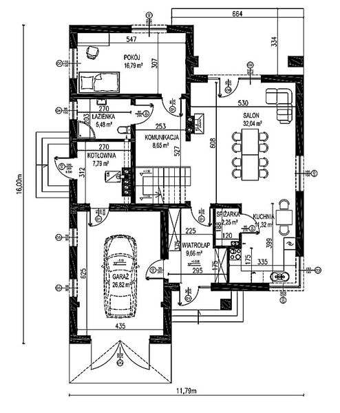 Projekt domu Planujdom 052 - rzut parteru, dom liczy 6 pokoje, 2 łazienki i wc