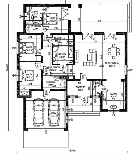 Projekt domu Planujdom 053 - rzut parteru, dom liczy 3 pokoje, 2 łazienki i wc