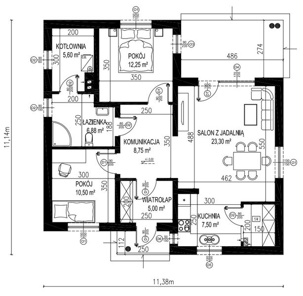 Projekt domu Planujdom 057 - rzut parteru, dom liczy 2 pokoje, 1 łazienki i wc