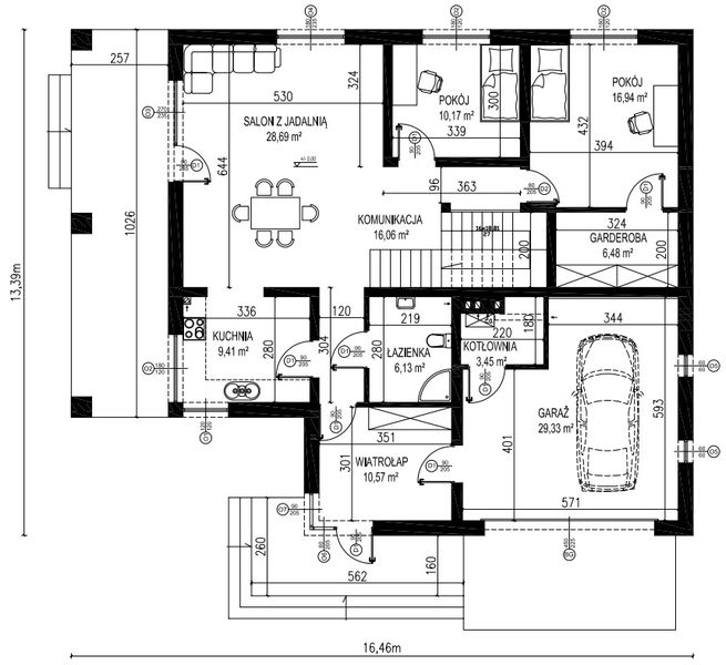 Projekt domu Planujdom 061 - rzut parteru, dom liczy 4 pokoje, 2 łazienki i wc