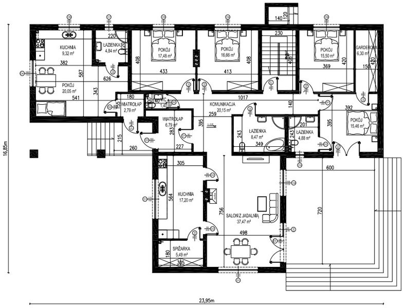 Projekt domu Planujdom 062 - rzut parteru, dom liczy 5 pokoje, 4 łazienki i wc
