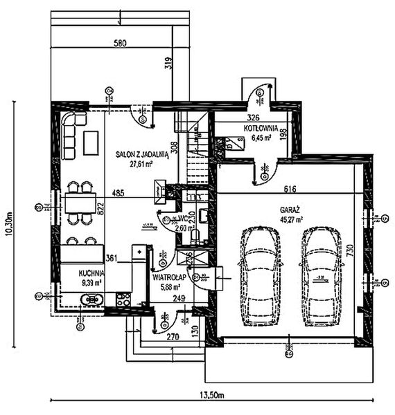 Projekt domu Planujdom 063 - rzut parteru, dom liczy 3 pokoje, 2 łazienki i wc