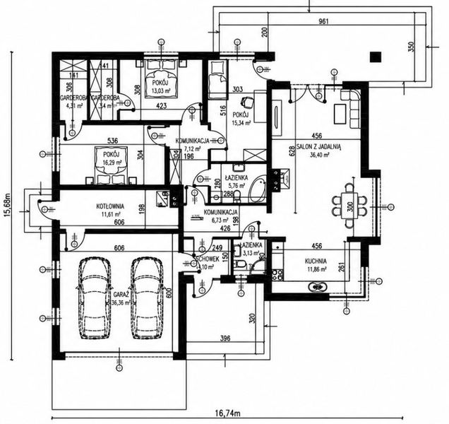 Projekt domu Planujdom 064 - rzut parteru, dom liczy 3 pokoje, 2 łazienki i wc