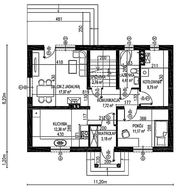 Projekt domu Planujdom 075 - rzut parteru, dom liczy 4 pokoje, 2 łazienki i wc