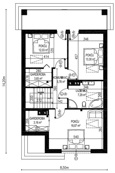 Projekt domu Planujdom 077 - rzut poddasza, dom liczy 4 pokoje, 2 łazienki i wc