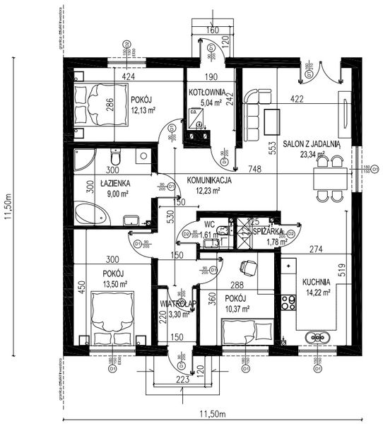 Projekt domu Planujdom 079 - rzut parteru, dom liczy 3 pokoje, 2 łazienki i wc