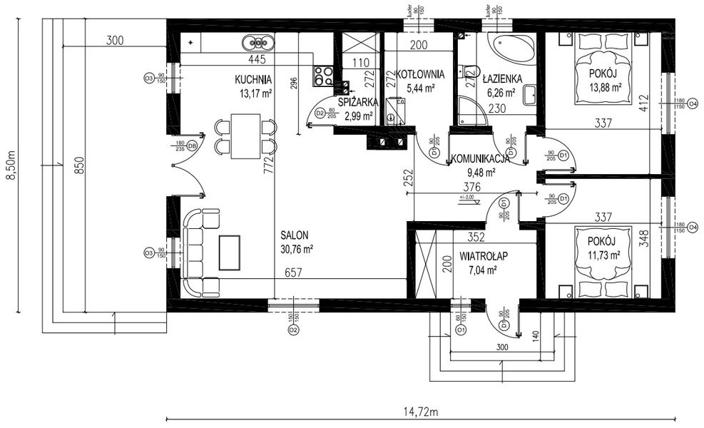 Projekt domu Planujdom 081 - rzut parteru, dom liczy 2 pokoje, 1 łazienki i wc