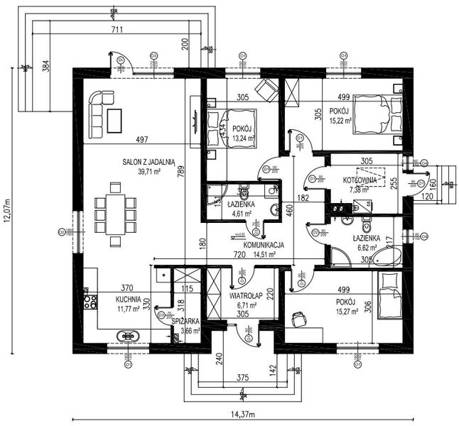 Projekt domu Planujdom 091 ver2 - rzut parteru, dom liczy 3 pokoje, 2 łazienki i wc