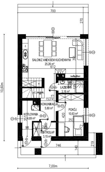 Projekt domu Planujdom 100 - rzut parteru, dom liczy 4 pokoje, 2 łazienki i wc