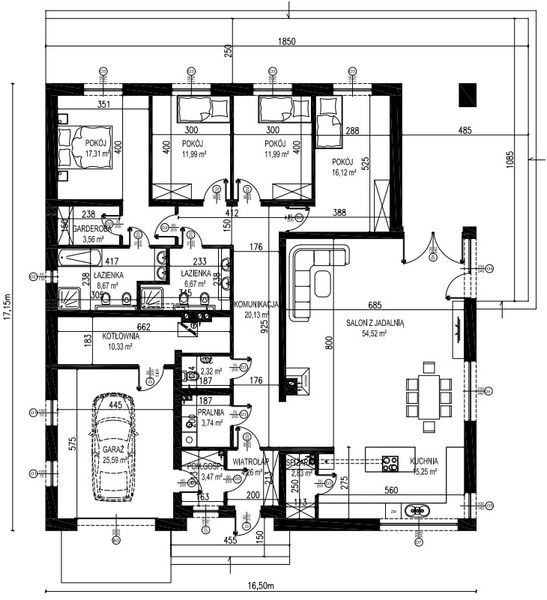 Projekt domu Planujdom 102 - rzut parteru, dom liczy 4 pokoje, 3 łazienki i wc