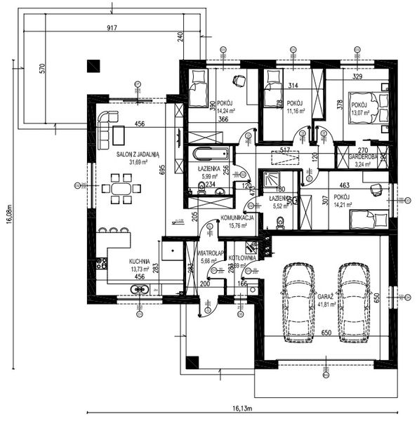 Projekt domu Planujdom 105 - rzut parteru, dom liczy 4 pokoje, 2 łazienki i wc