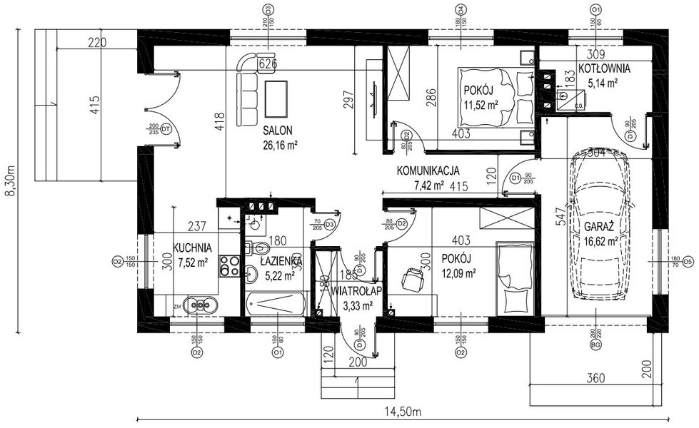 Projekt domu Planujdom 108 - rzut parteru, dom liczy 2 pokoje, 1 łazienki i wc