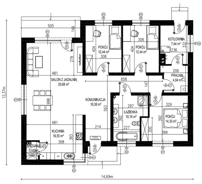 Projekt domu Planujdom 112 - rzut parteru, dom liczy 3 pokoje, 1 łazienki i wc