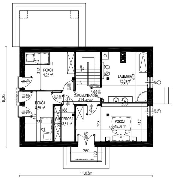 Projekt domu Planujdom 117 ver2 - rzut poddasza, dom liczy 4 pokoje, 2 łazienki i wc
