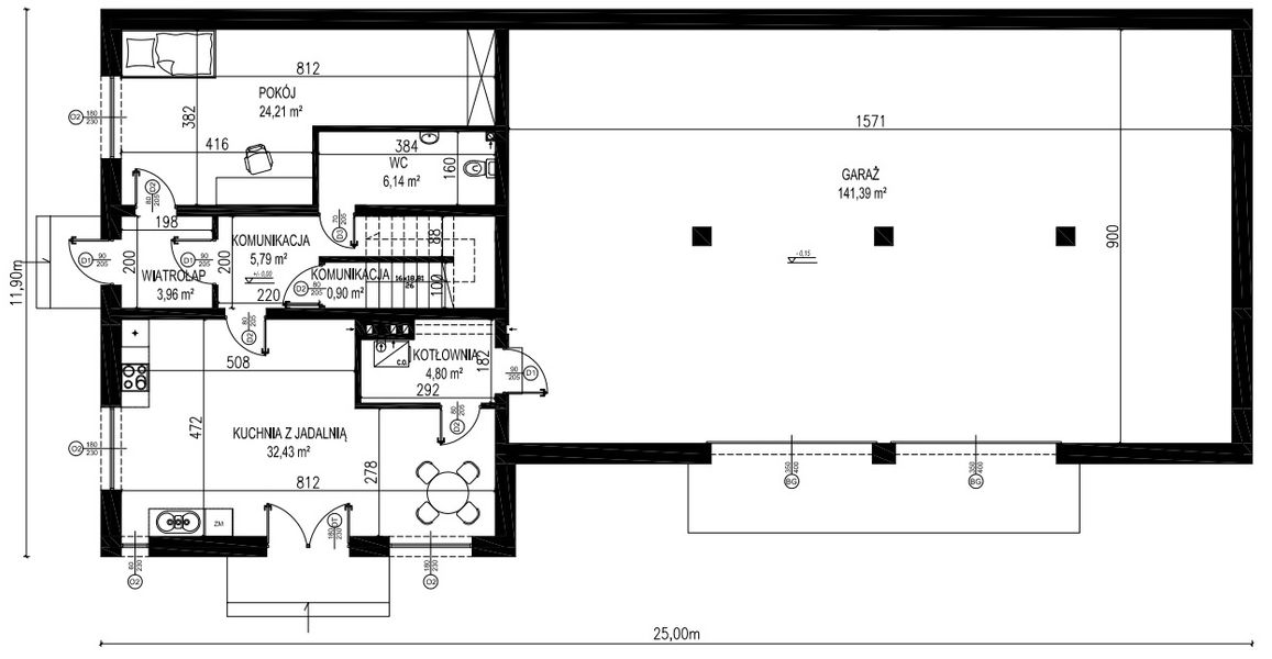 Projekt domu Planujdom 122 - rzut parteru, dom liczy 2 pokoje, 2 łazienki i wc