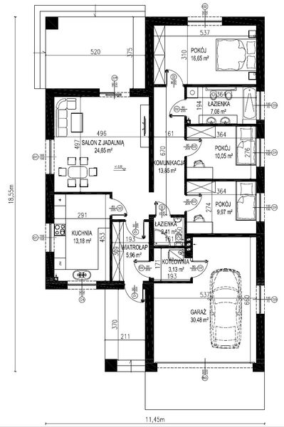Projekt domu Planujdom 125 - rzut parteru, dom liczy 3 pokoje, 2 łazienki i wc