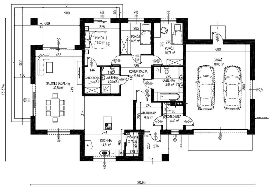 Projekt domu Planujdom 134 - rzut parteru, dom liczy 3 pokoje, 2 łazienki i wc