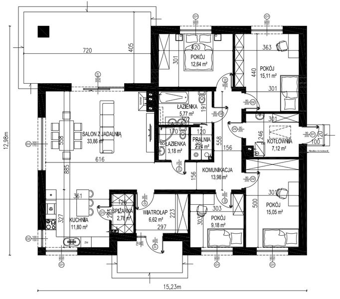 Projekt domu Planujdom 135 - rzut parteru, dom liczy 4 pokoje, 2 łazienki i wc