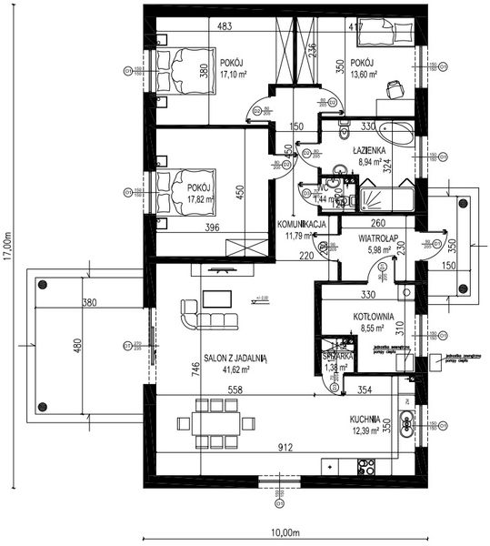 Projekt domu Planujdom 136 - rzut parteru, dom liczy 3 pokoje, 2 łazienki i wc