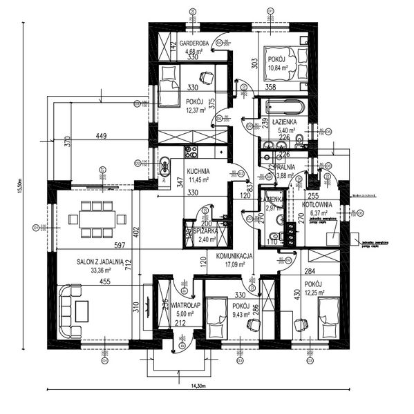 Projekt domu Planujdom 140 - rzut parteru, dom liczy 4 pokoje, 2 łazienki i wc