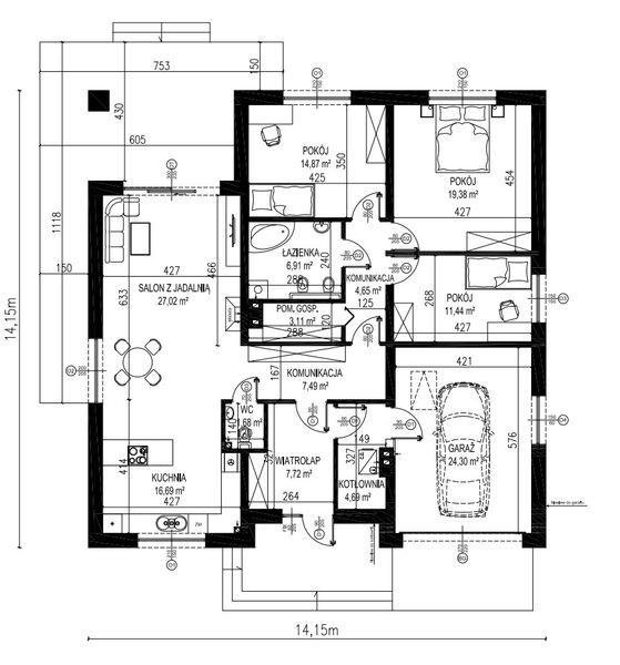 Projekt domu Planujdom 143 - rzut parteru, dom liczy 3 pokoje, 2 łazienki i wc